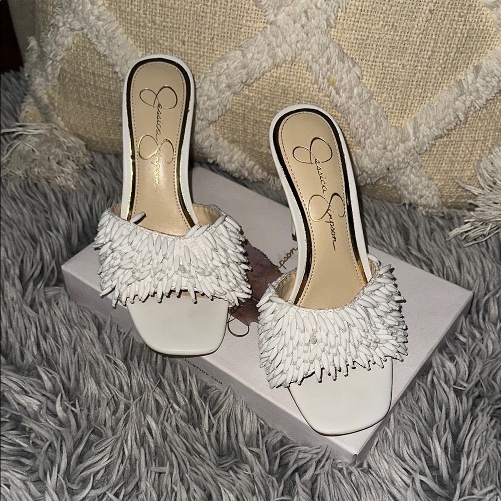 Gianni Bini White Fringe Mules with Stiletto Heel